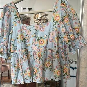 CROSBY by Mollie Burch Blue Puff Sleeve Tiered Blouse